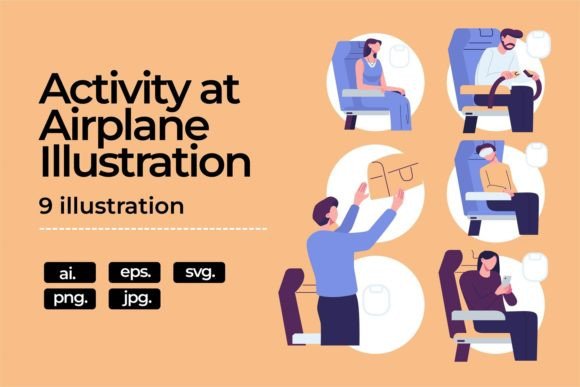 Activity at Airplane Flat Illustration – Graphics & Illustrations for Sellers