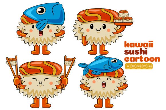 Cute Sushi Mascot Vector Pack 04 Graphics & Illustrations