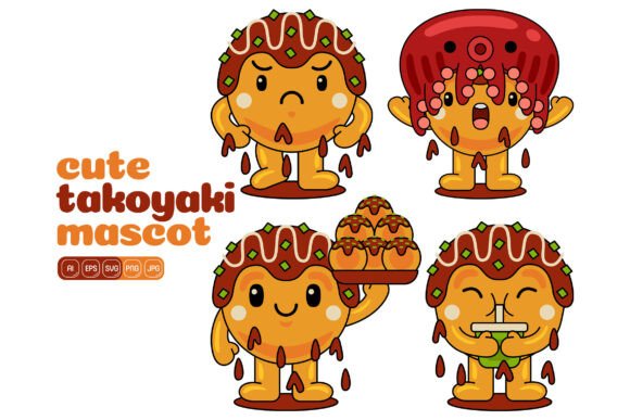 Cute Takoyaki Mascot Vector Pack 04 for Embroidery Projects