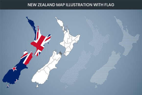 New Zealand Map Illustration with Flag for Embroidery Projects
